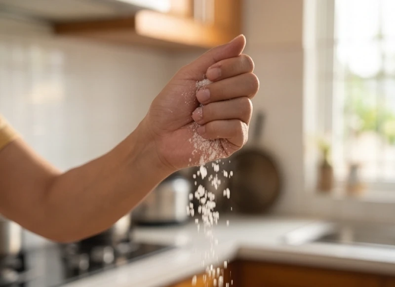 Dùng một nắm muối hạt thô thả nhẹ qua vai trái để xua đuổi vận xui sau sự cố cháy nồi trong bếp