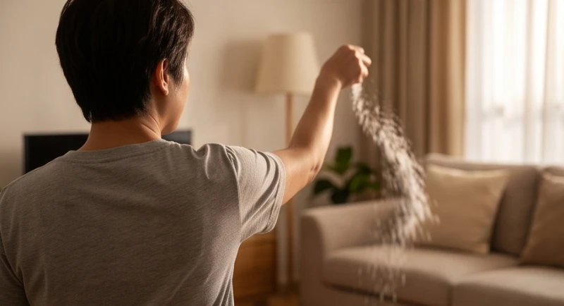 Hành động bốc một nhúm muối và ném mạnh qua vai trái để xua tan vận xui