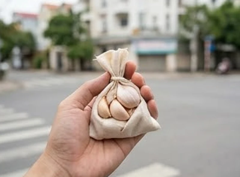 Văn khấn xin phép Thổ Công cho trẻ về nhà: Trình tự và bài cúng 6 Bàn tay cầm một túi vải nhỏ chứa củ tỏi tươi chuẩn bị thực hiện mẹo ném ở ngã ba đường xua đi phong long