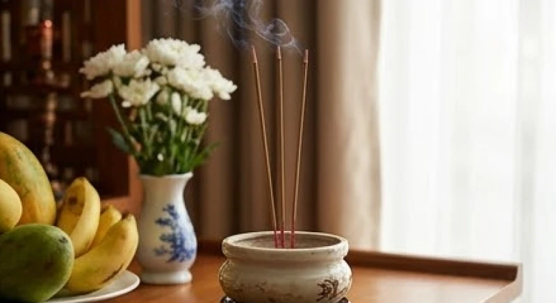 Văn khấn báo cáo gia tiên khi sinh con: Bài cúng tạ ơn & lễ vật 5 Nén nhang cháy tỏa khói nhẹ nhàng trên bát hương gia tiên cùng bình hoa cúc trắng tinh khiết