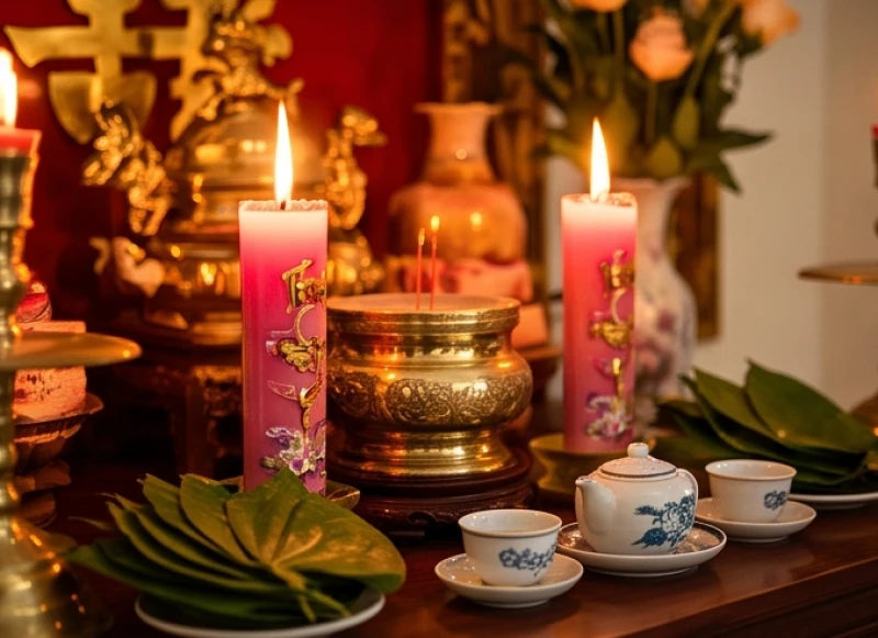 Văn khấn báo cáo gia tiên khi cưới hỏi: Bài cúng & trình tự 3 miền 4 Cặp nến tơ hồng thắp sáng lung linh trên bàn thờ gia tiên ngày cưới theo phong tục miền Trung