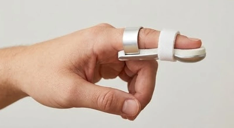Ngón trỏ cong đang được cố định cẩn thận bằng nẹp nhôm y tế lót xốp mềm để điều chỉnh trục xương