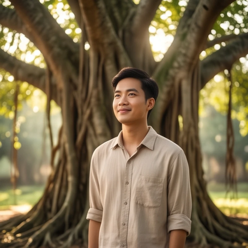 Mơ thấy anh trai đã mất: Điềm báo tâm linh & hướng dẫn cầu an 2 Người thanh niên đứng mỉm cười hiền hậu dưới gốc cây cổ thụ, biểu thị điềm báo lành khi mơ thấy người thân hiện về