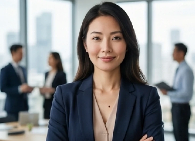 Nữ doanh nhân tự tin mỉm cười trong bộ trang phục sang trọng, vóc dáng thanh lịch với nốt ruồi nhỏ giữa ngực