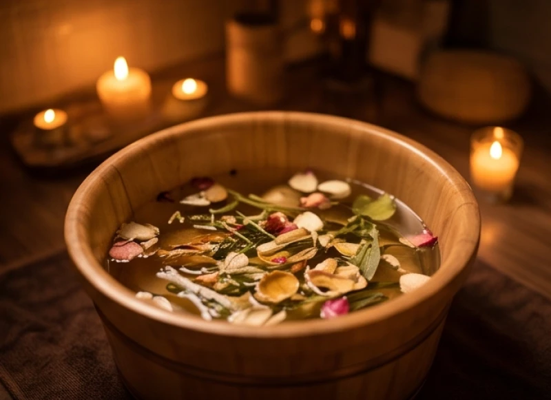 Chậu nước ấm ngâm chân với thảo mộc giúp thư giãn thần kinh và cải thiện chất lượng giấc ngủ, hạn chế những cơn ác mộng