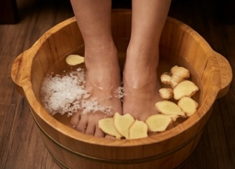 Đôi bàn chân ngâm trong chậu gỗ chứa nước ấm pha muối hạt và vài lát gừng tươi