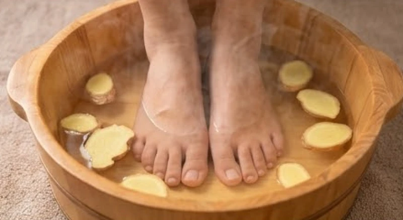 Đôi bàn chân đang ngâm trong chậu nước ấm có thả vài lát gừng tươi đập dập