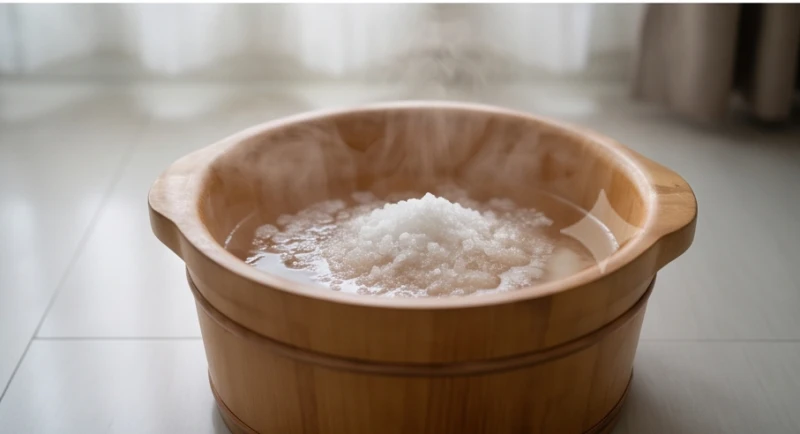 Một chậu nước ấm pha muối hạt đang tỏa hơi khói nhẹ nhàng dùng để ngâm chân thư giãn và giải tỏa căng thẳng