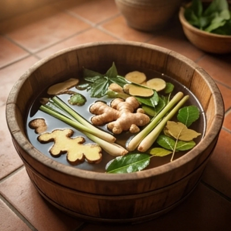 Chậu gỗ ngâm chân bằng nước ấm và thảo mộc giúp thư giãn tinh thần