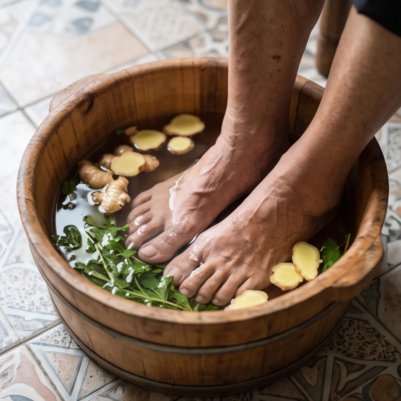 Đôi bàn chân của người cao tuổi đang ngâm trong chậu nước gỗ chứa nước ấm và vài lát gừng tươi