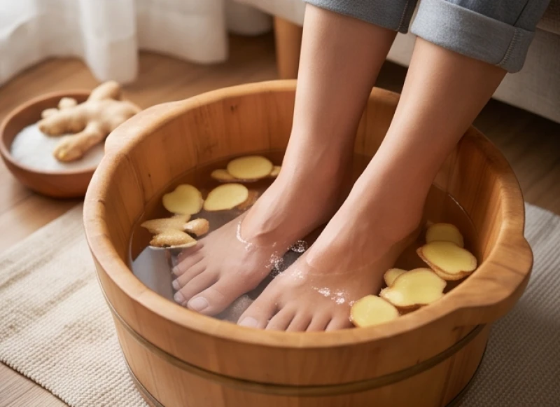 Một người đang ngâm chân vào chậu nước ấm pha gừng muối để kích thích tuần hoàn máu trước khi ngủ