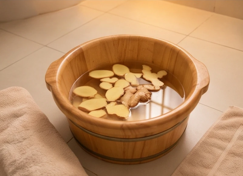 Chậu gỗ chứa nước gừng ấm và khăn lau dùng để ngâm chân thư giãn trước khi ngủ