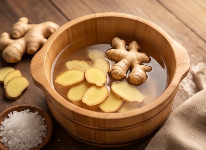 Chậu nước ấm ngâm chân với gừng tươi và muối hạt giúp lưu thông máu