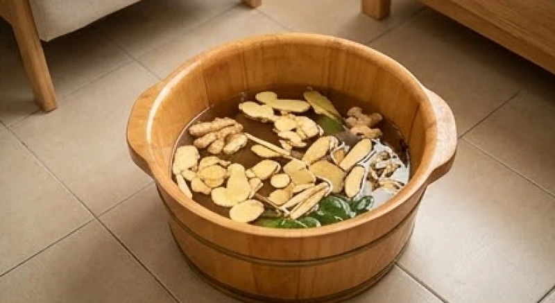 Chậu gỗ truyền thống chứa nước gừng ấm và các loại thảo mộc dùng để ngâm chân giữ ấm cơ thể trong mùa đông