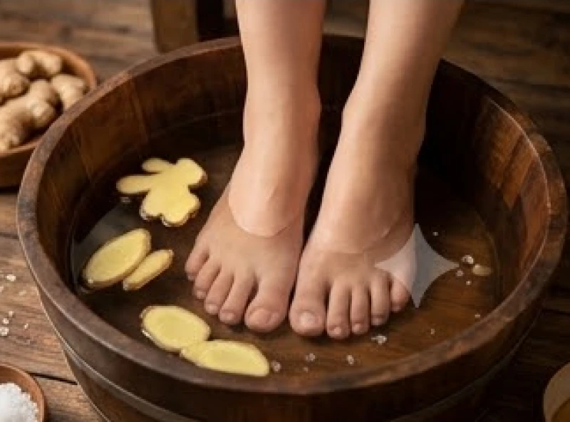 Ngâm chân trong chậu nước ấm pha gừng tươi để cải thiện tuần hoàn máu và vận khí cho tướng bàn chân nhỏ