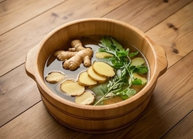 Chậu nước ấm ngâm chân với vài lát gừng tươi và thảo mộc đặt trên sàn gỗ trong không gian thư giãn tĩnh lặng