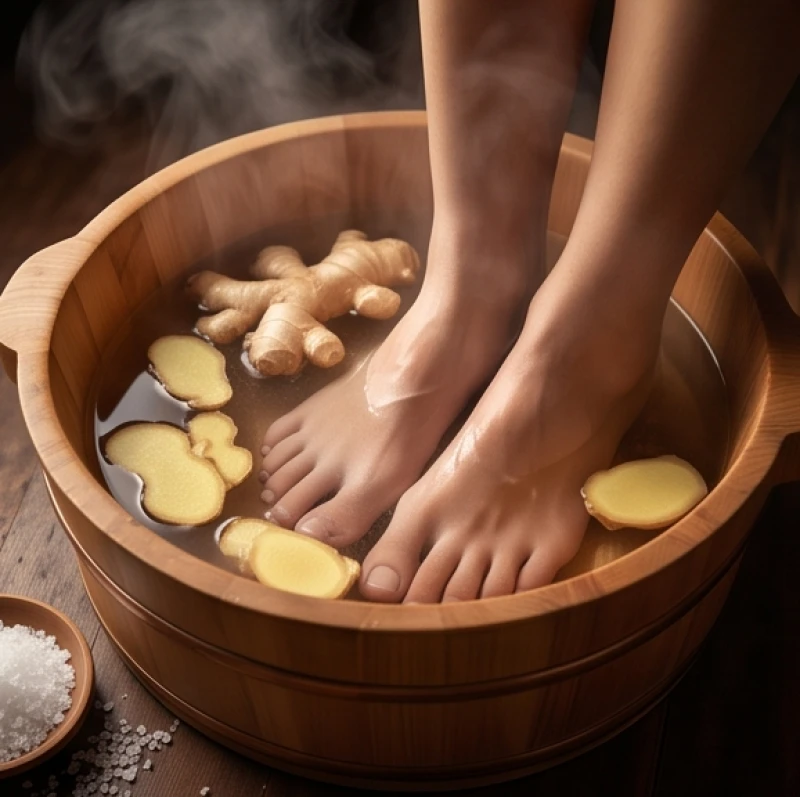 Chậu nước ấm pha muối hột và gừng tươi giúp ngâm chân kích hoạt sinh khí và làm mềm gân cốt hiệu quả