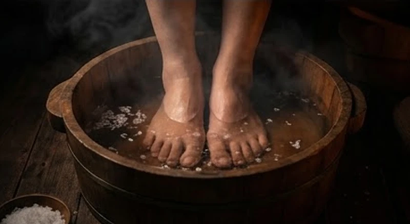 Đôi bàn chân đang thư giãn trong chậu nước ấm pha muối biển trước giờ ngủ