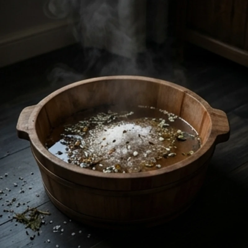 Chậu nước ấm pha muối hột và tinh dầu thảo mộc dùng để ngâm chân thư giãn trước khi ngủ