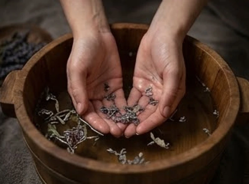 Hai bàn tay đang được ngâm trong chậu nước ấm nhỏ có pha chút tinh dầu oải hương