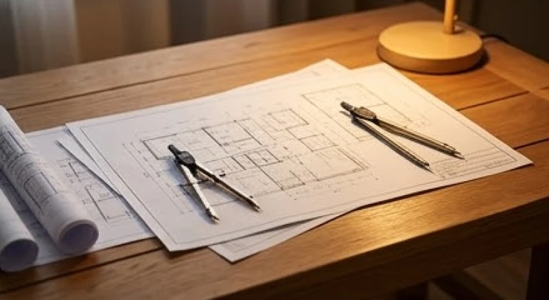 Bản vẽ kiến trúc và các công cụ đo lường đặt trên bàn làm việc bằng gỗ tượng trưng cho nhóm ngành nghề phù hợp