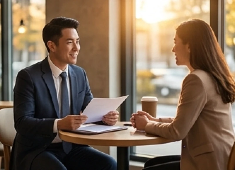Mệnh Thủy là gì: Trọn bộ 6 nạp âm, màu sắc và con số may mắn 11 Chuyên viên tư vấn đang thoải mái trao đổi thông tin cùng khách hàng tại một không gian quán cà phê sang trọng