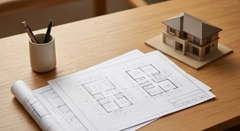 Các bản vẽ thiết kế kiến trúc và mô hình nhà ở xếp gọn gàng trên bàn làm việc bằng gỗ sồi