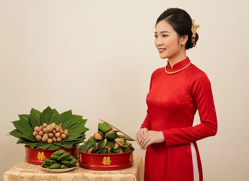 Cô dâu Đinh Mão diện áo dài lụa đỏ thắm nổi bật bên cạnh mâm trầu cau được xếp đặt tỉ mỉ