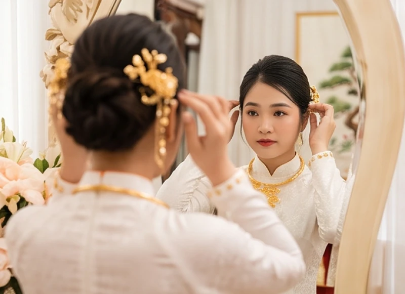 Cô dâu Kỷ Mão 1999 đang cài lại trâm cài tóc trước gương trong phòng tân hôn được trang trí lộng lẫy