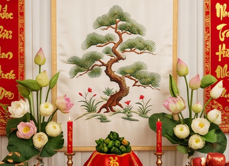 Bức tranh thêu tùng bách mộc tinh xảo được dùng làm phông nền trang trí cho lễ gia tiên của người mệnh mộc