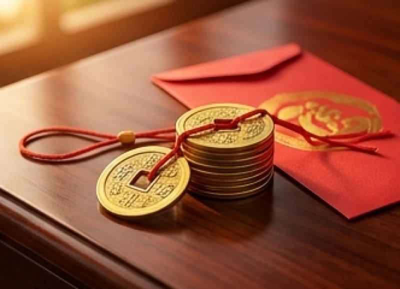 Đồng tiền xu cổ mạ vàng đặt trên bàn làm việc tượng trưng cho tài lộc ngày khai trương
