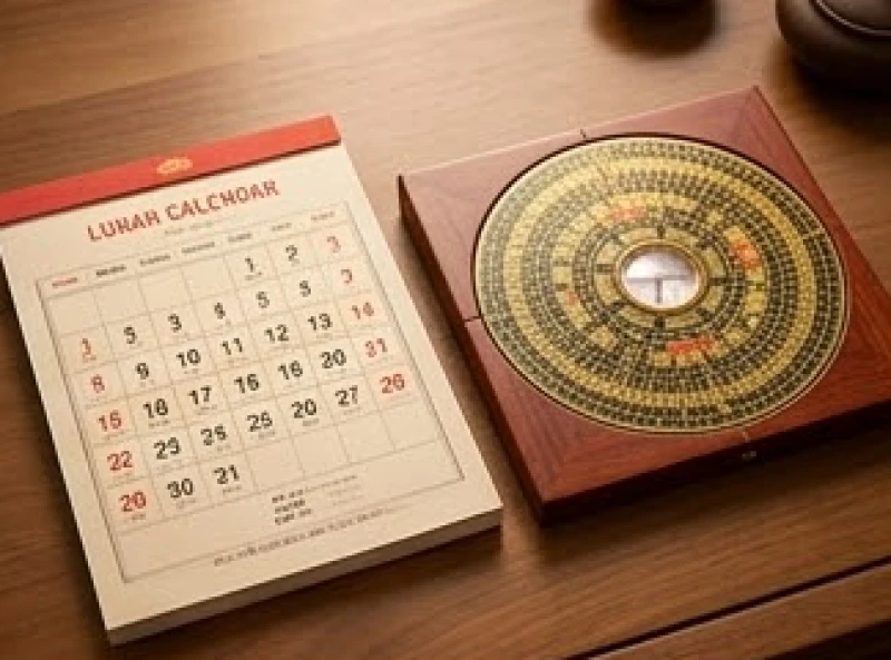 Cuốn lịch vạn niên và la bàn phong thủy dùng để chọn ngày giờ hoàng đạo bốc bát hương Thổ Công