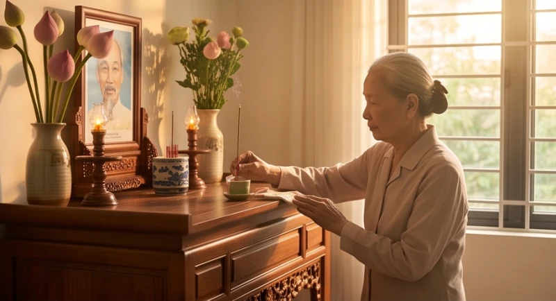 Văn khấn Bác Hồ tại nhà: Bài cúng và nghi lễ lập bàn thờ chuẩn 2 Người lớn tuổi cẩn thận lau dọn bàn thờ và thắp nhang tưởng nhớ Bác Hồ vào dịp lễ Quốc khánh
