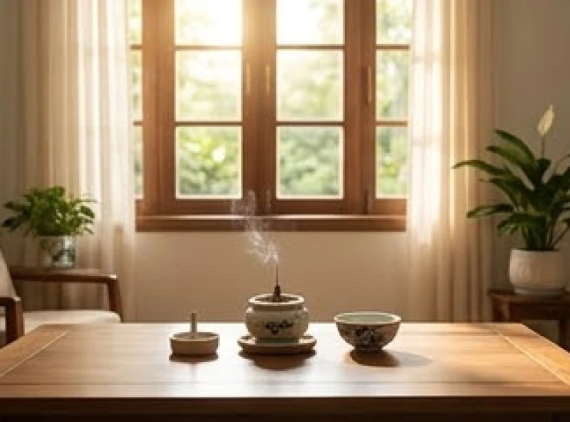 Khung cửa sổ đón nắng sớm ban mai chiếu rọi vào không gian thờ cúng thanh tịnh của gia đình
