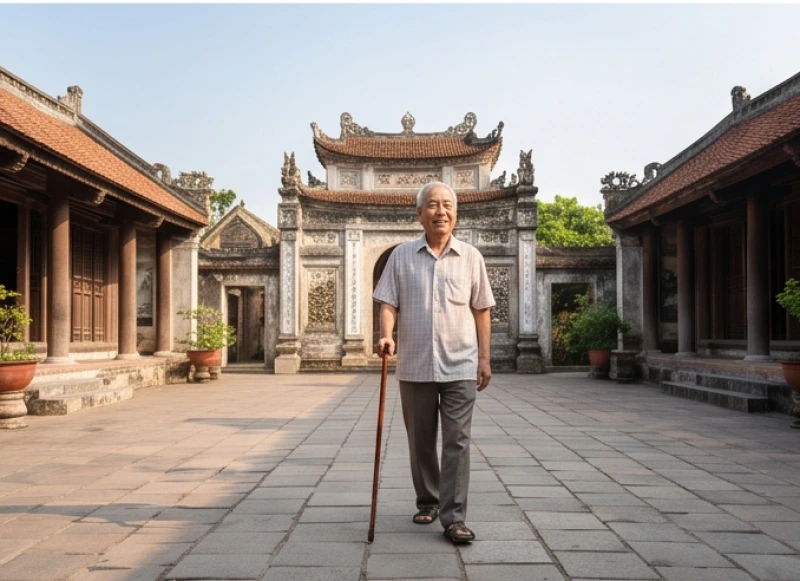 Cụ ông bước đi chậm rãi, thư thái đến thăm một ngôi chùa cổ kính