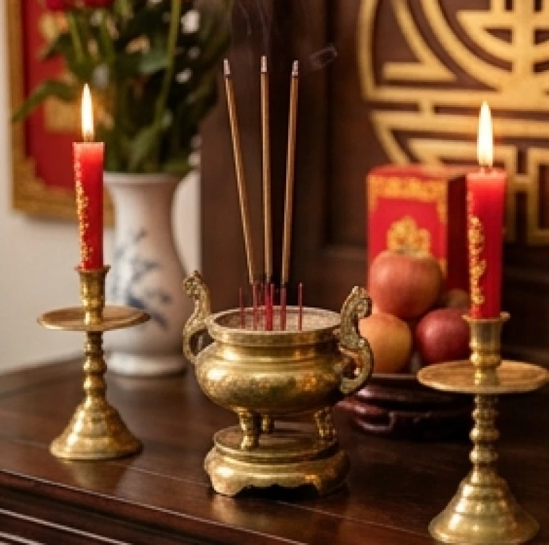 Cô dâu chú rể tuổi Sửu thắp hương gia tiên trong giờ Hoàng Đạo Tam hợp