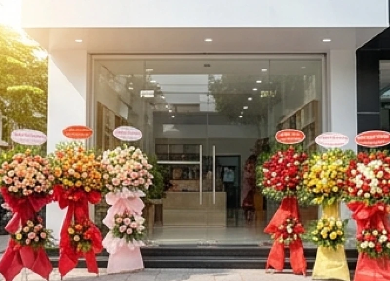 Lẵng hoa tươi rực rỡ đặt trước mặt tiền cửa hàng trong ngày khai trương hồng phát đón dòng khách đầu tiên