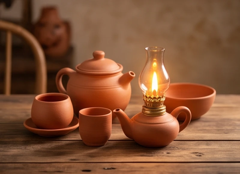 Ngọn lửa ấm áp và đồ vật bằng gốm đất nung tượng trưng cho mệnh Hỏa và Thổ