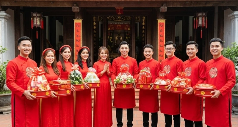 Đội hình bưng quả với trang phục tươi sáng đứng xếp hàng cười tươi trong ngày Tam hợp đại cát