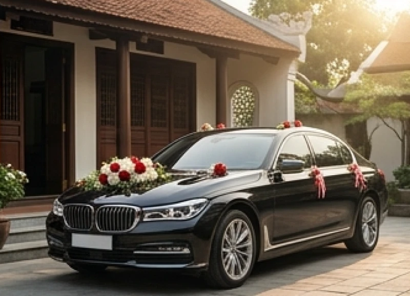 Chiếc xe hoa được trang trí hoa tươi rực rỡ đậu sẵn sàng chờ đến ngày giờ hoàng đạo