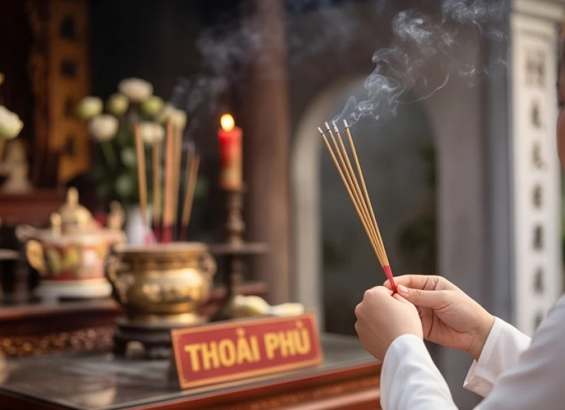 Người hành lễ thành tâm quỳ trước ban thờ Thoải phủ đọc bài văn khấn xin lộc kinh doanh