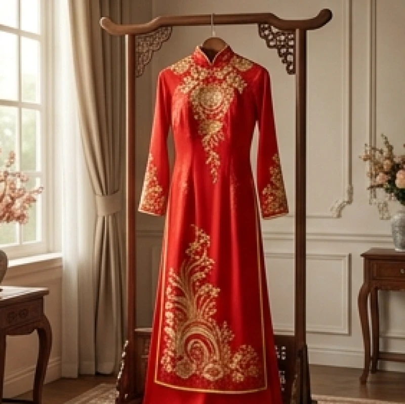 Trang phục áo dài cưới truyền thống màu đỏ với họa tiết thêu tỉ mỉ