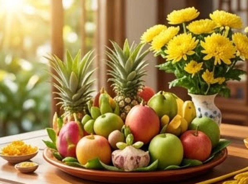 Mâm lễ cúng khai trương đầu xuân với hoa cúc vàng và trái cây tươi cầu mong sự hanh thông