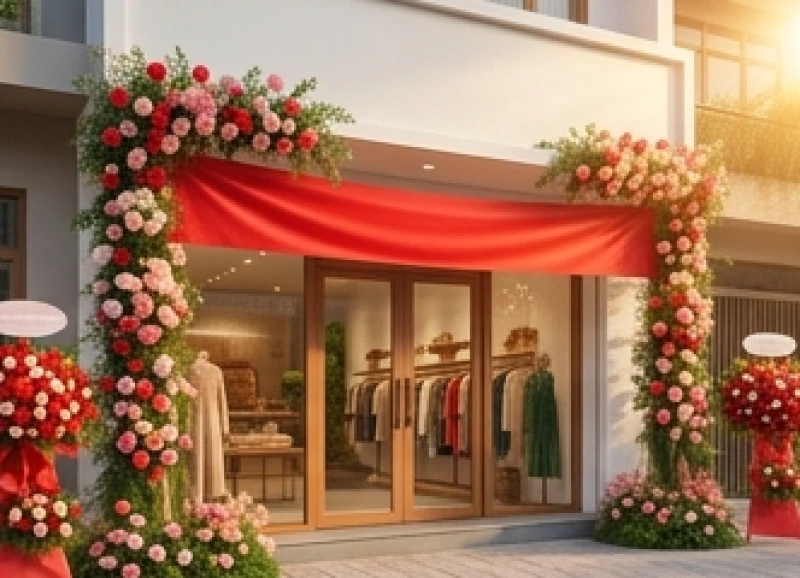 Bảng hiệu cửa hàng mới được treo lên trong nắng sớm rực rỡ đón vượng khí khai trương