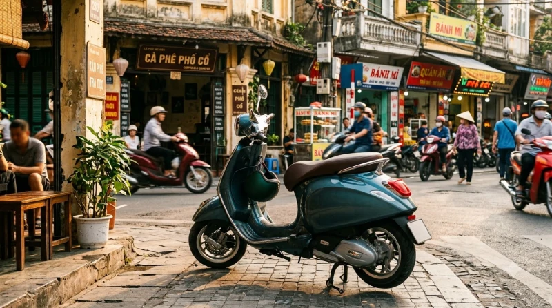 Tuổi Mão mua xe ngày nào tốt: Bảng tra cứu ngày giờ và hóa giải 12 Một chiếc xe máy mới tinh được đỗ ngay ngắn trên phố cùng với mâm cúng hoa quả nhỏ gọn