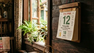 Lịch vạn niên và tách trà trên bàn gỗ để tra cứu ngày tốt xấu tuổi thìn năm 2026 trước khi động thổ làm nhà