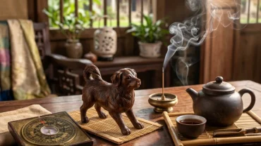 Tượng chó gỗ phong thủy và la bàn dùng để xem ngày tốt xấu tuổi tuất năm 2026