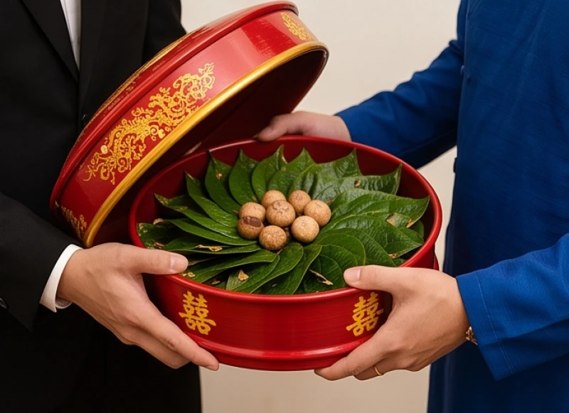 Chú rể cẩn thận mở chiếc tráp đựng trầu cau sơn son thiếp vàng khởi đầu cho nghi thức bái gia tiên