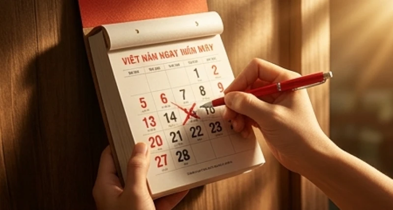 Bút đỏ gạch chéo một ngày trên cuốn lịch giấy truyền thống để đánh dấu ngày xung kỵ