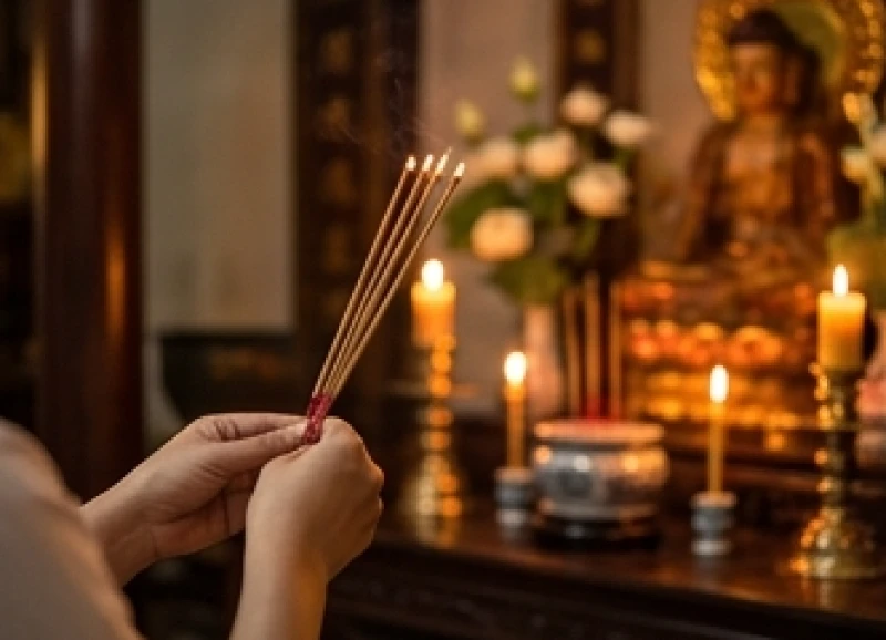 Gia chủ thành tâm thắp nhang và đọc văn khấn Địa Tạng Vương Bồ Tát vào ngày rằm hàng tháng